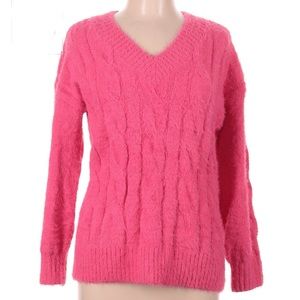 Lucky Brand Pink Fuzzy Eyelash Cable Knit V Neck Sweater Sz M